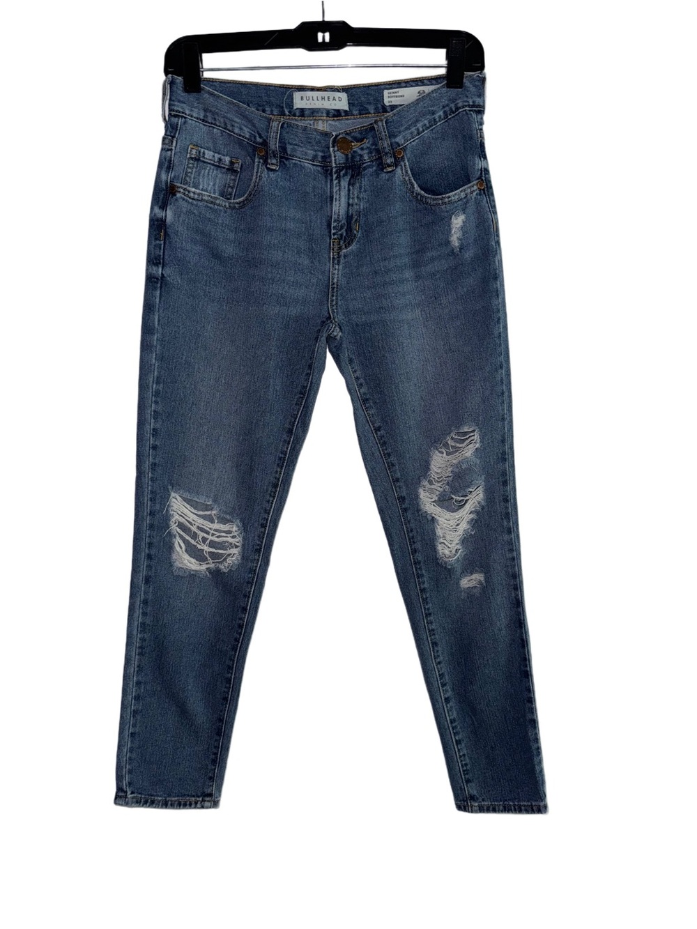 Bullhead Women's Distressed Jeans Medium Wash Blue Denim Skinny Boyfriend Fit